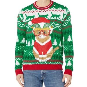 Unisex Ugly Christmas Cat Embroidery Holiday Sweater Blizzar Size L